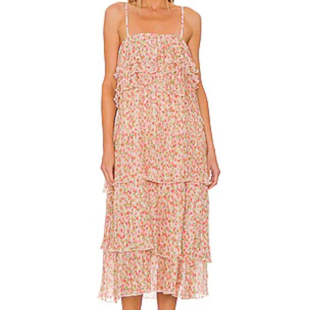 Something Navy REVOLVE Floral Pleated Tiered Ruffle Midi Dress Women's size M